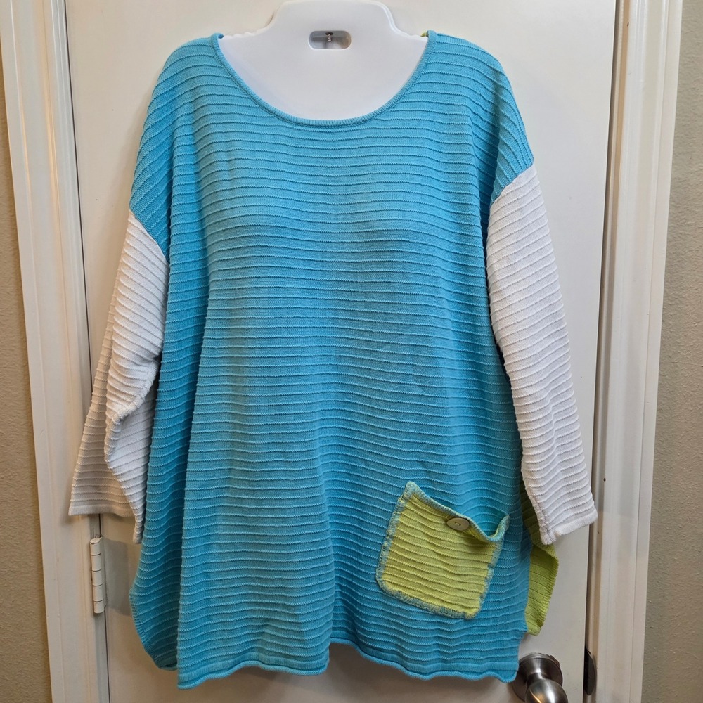 Lulu-B Colorblock Ribbed Knit Sweater Top Turquoise Lime White Large Pocket
